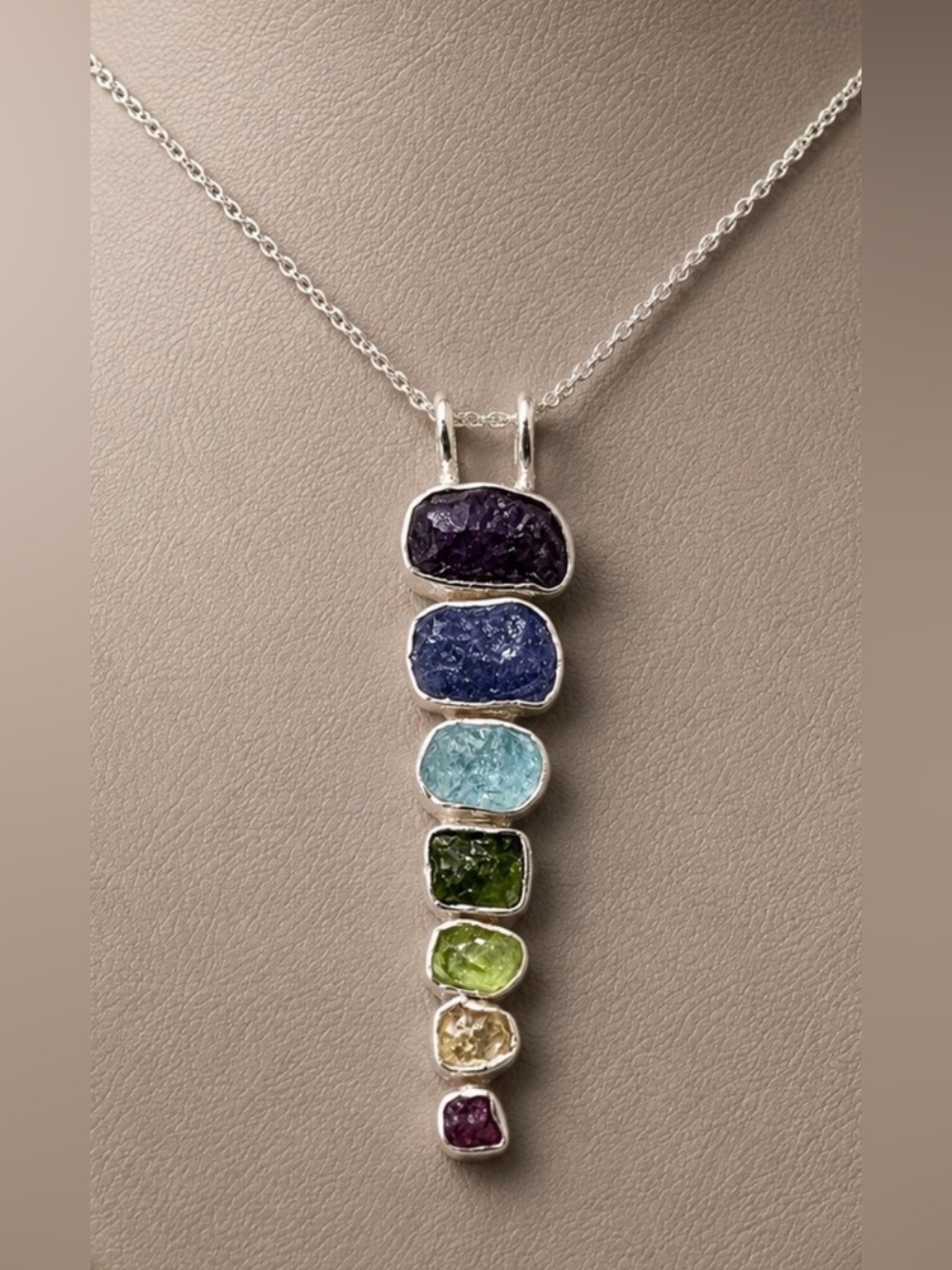 Multi-Gemstone Artisan Chakra Pendant Rough Stones Bezel Set EUC ~1 7/8" #636